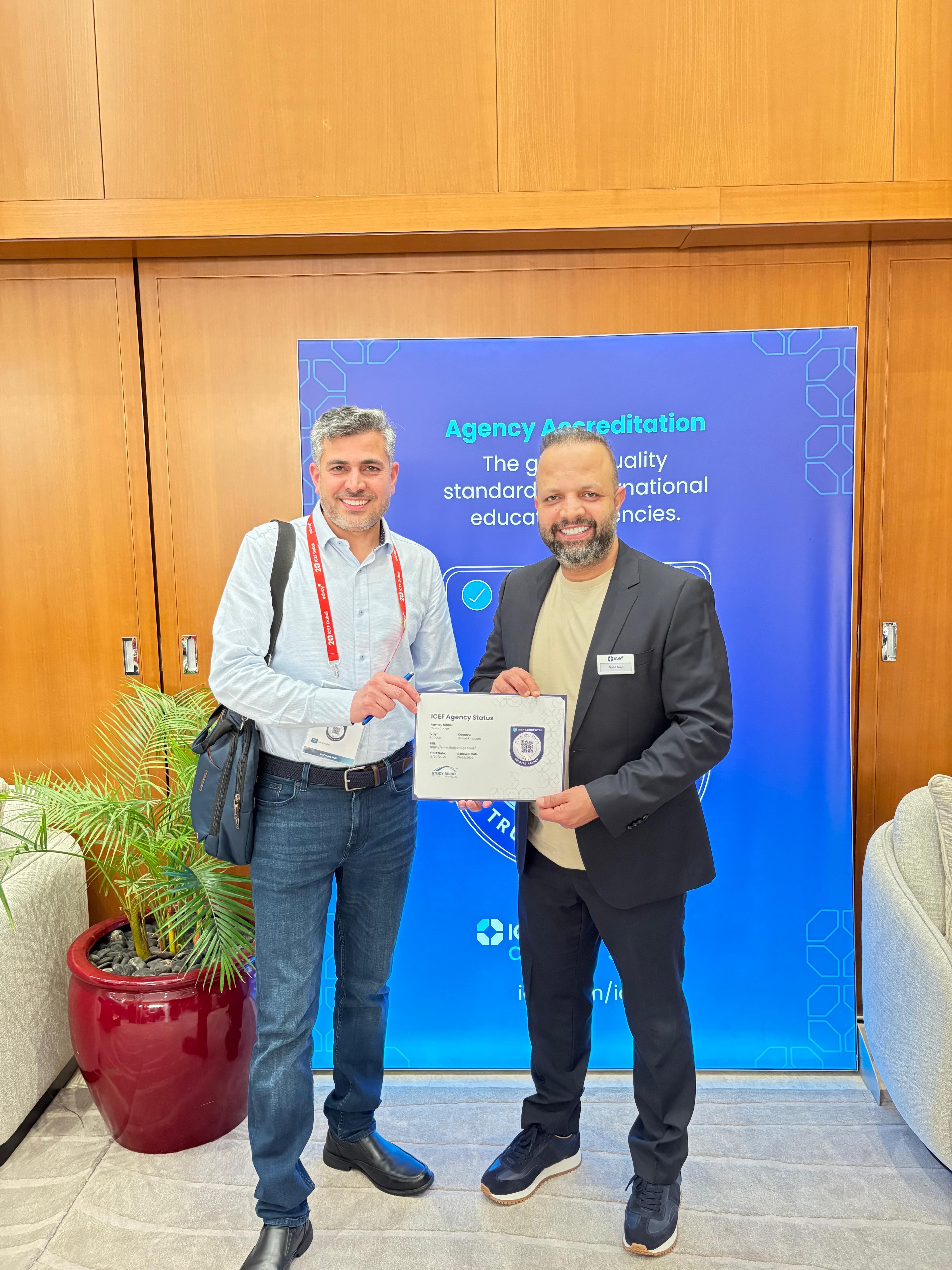 Muhammad Yousaf receiving ICEF Agency Accreditation certificate at ICEF Dubai 2026