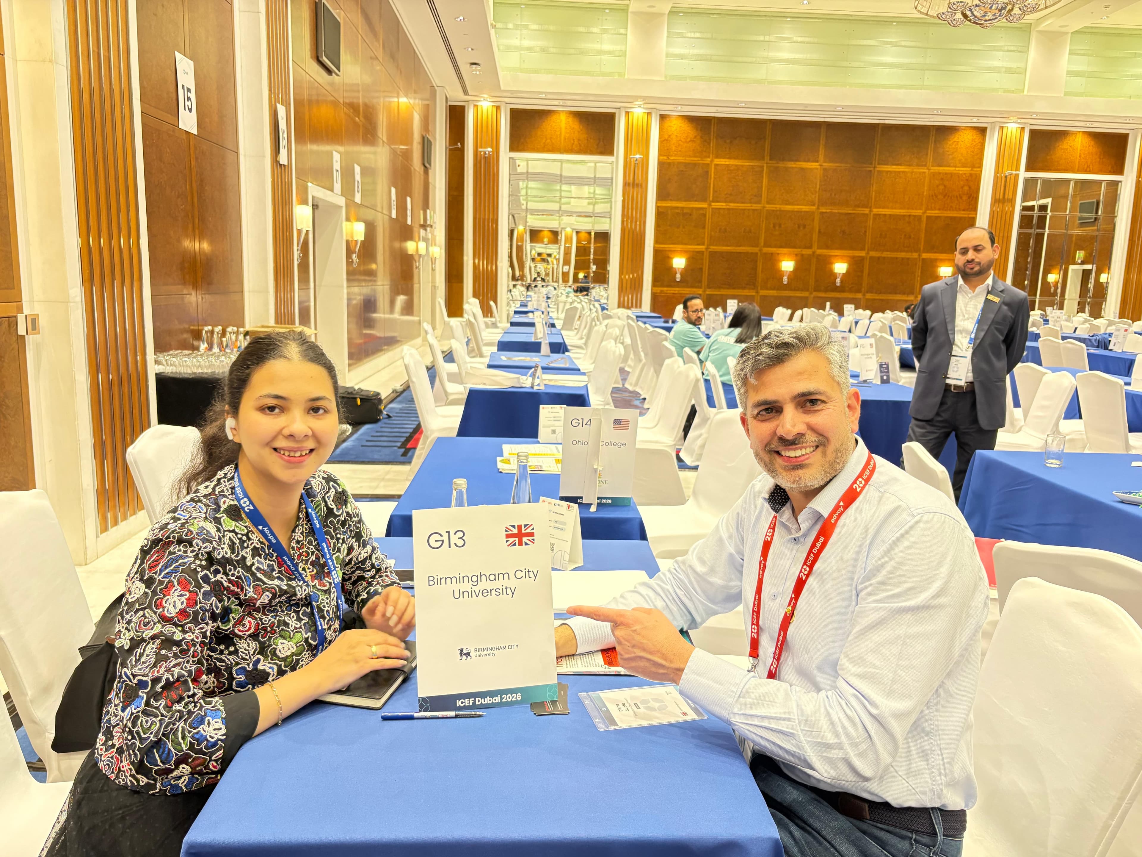 Muhammad Yousaf with Birmingham City University representative at ICEF Dubai 2026