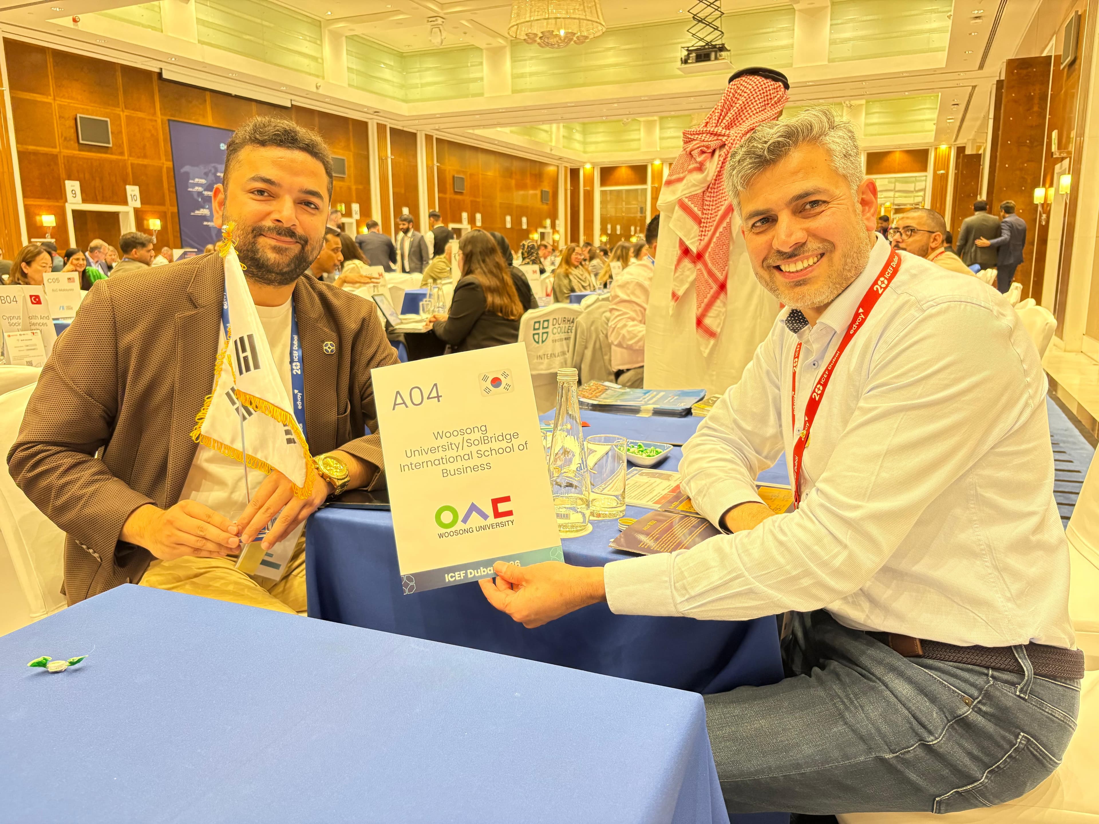 Muhammad Yousaf with Woosong University representative at ICEF Dubai 2026